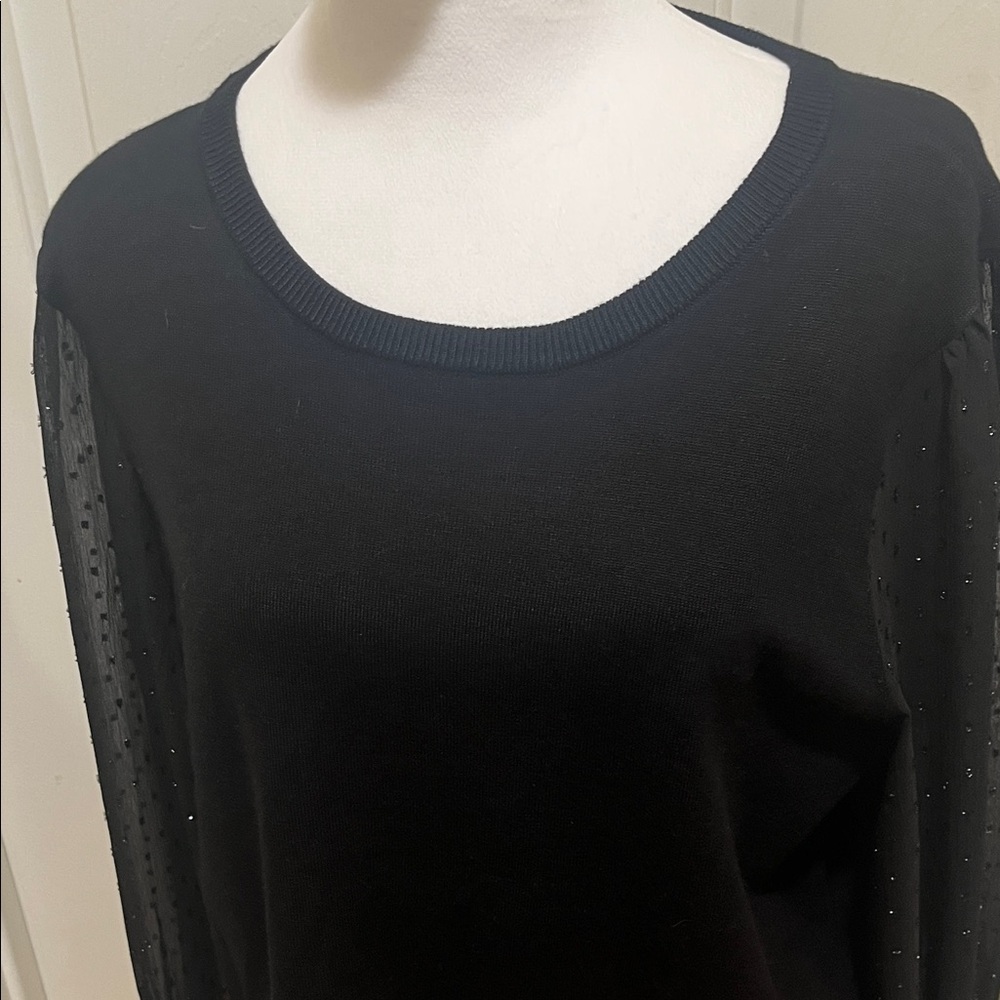 Calvin Klein Black Top with Sheer Sleeves - Picture 2 of 14